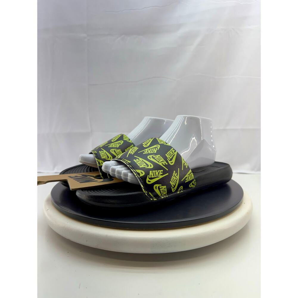 Nike Victori One Slide Print Mens 8 Black Volt Logo Sport Sandals Slip On Shoes